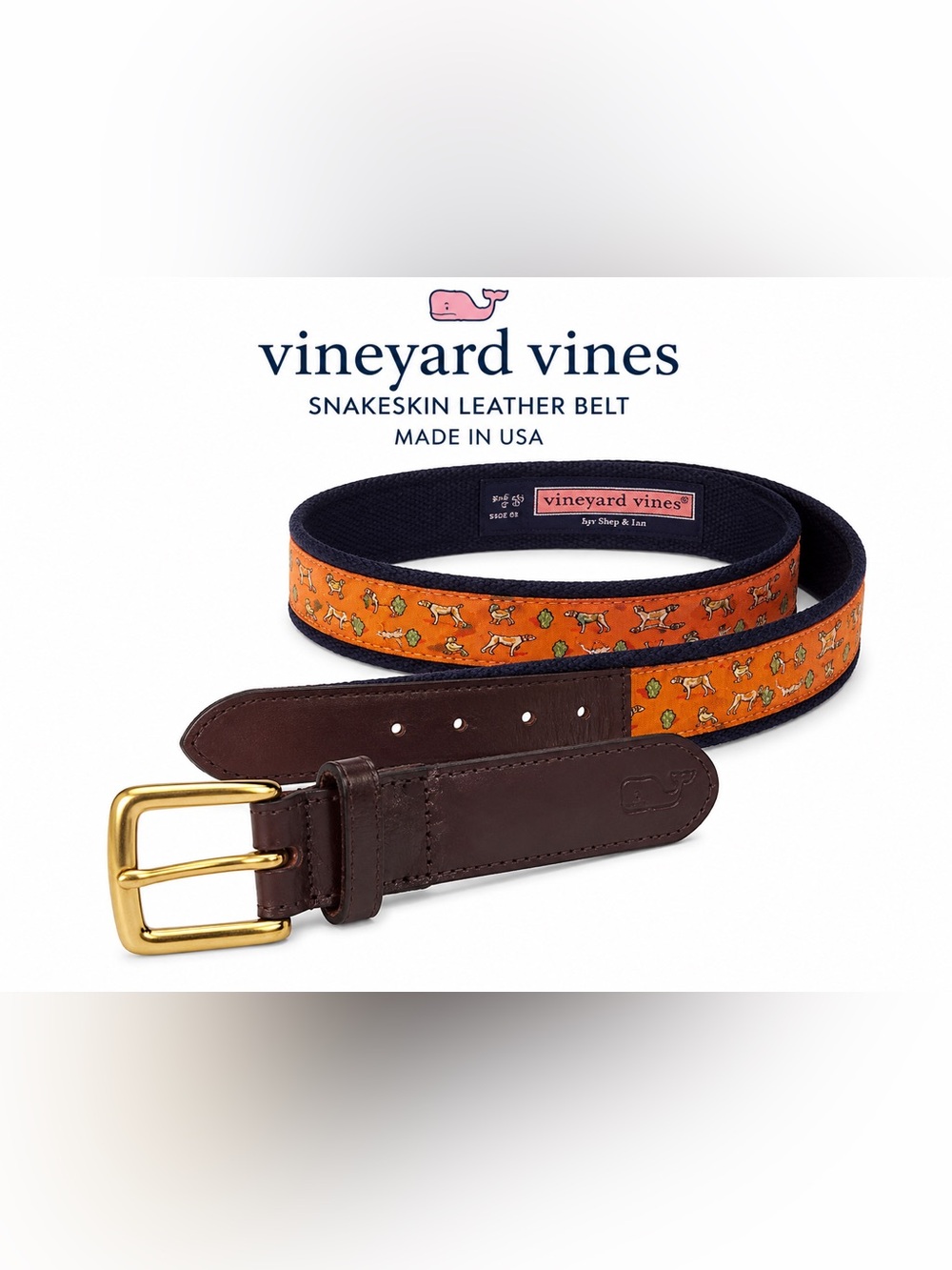 Vineyard Vines Canvas & Leather Dog Print Belt Navy Brown Brass Buckle Size 36